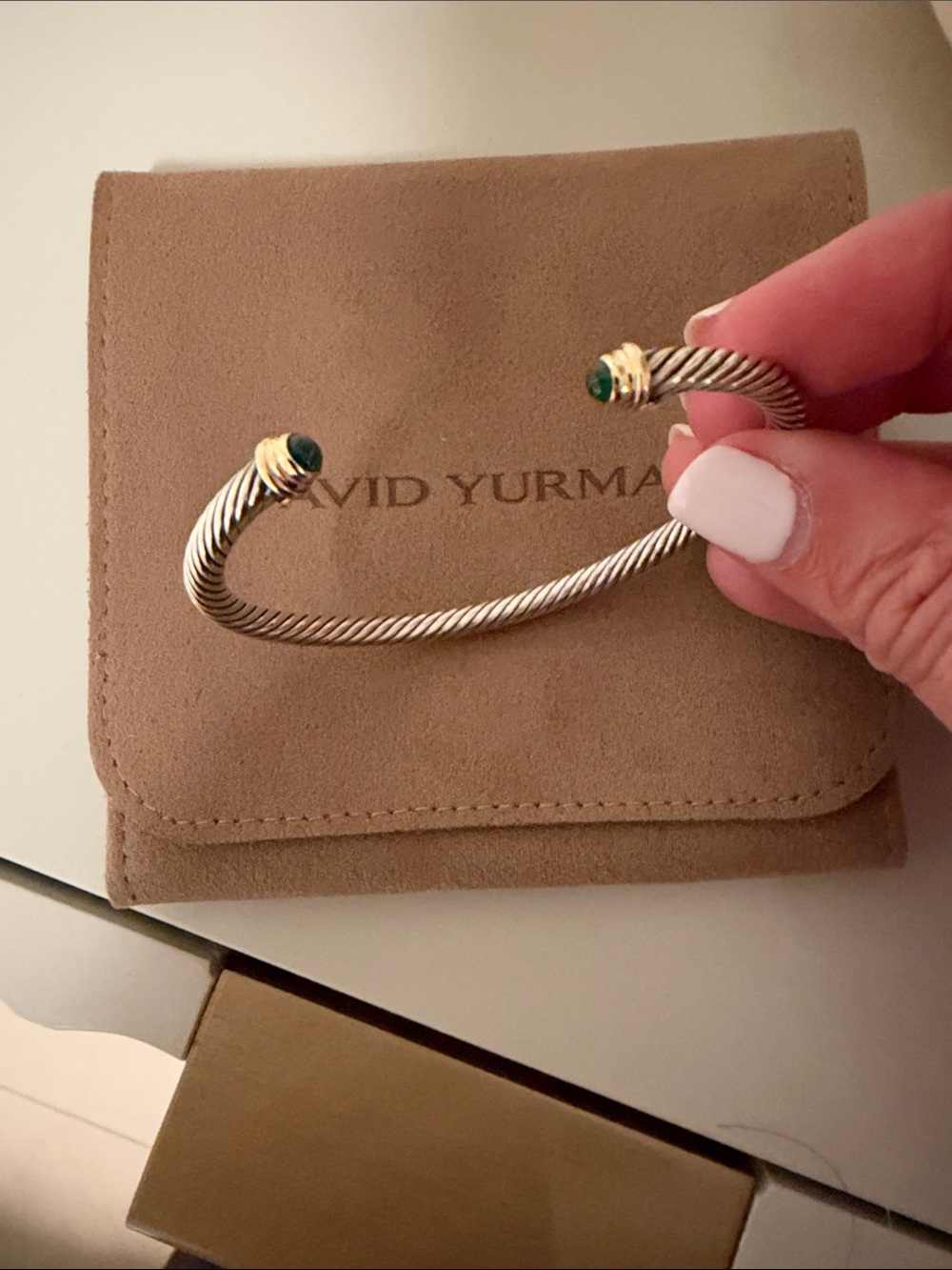 David Yurman Silver Twisted Cable Cuff with Gold Accents and Emerald